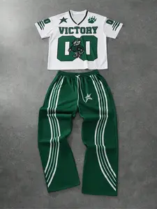 Men's Letter & Star Print Tee & Striped Trim Pants Pyjama Two-piece Set, Men's Sleepwear for Summer