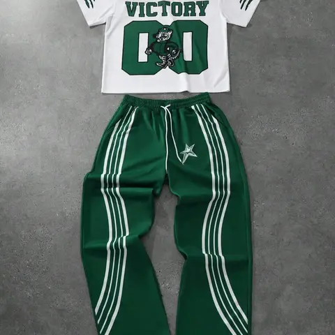 Men's Letter, Star & Animal Print Tee & Striped Trim Pants Pyjama Two-piece Set, Men's Sleepwear & for Summer, Pajamas