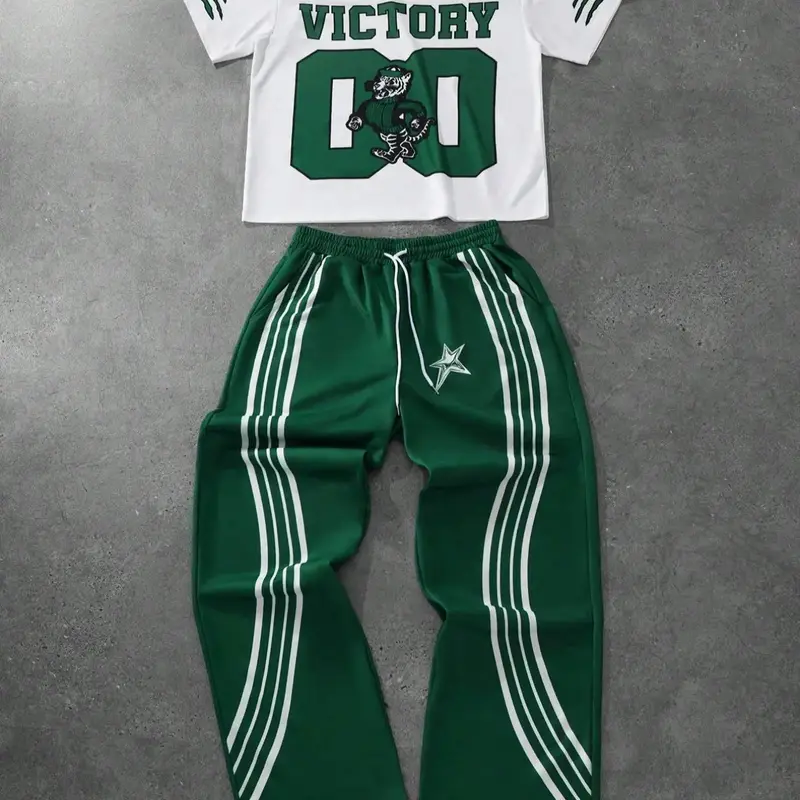 Men's Letter, Star & Animal Print Tee & Striped Trim Pants Pyjama Two-piece Set, Men's Sleepwear & for Summer, Pajamas