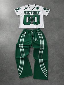 men's letter & star print tee & striped trim pants pyjama two-piece set, men's sleepwear for summer, pajama set