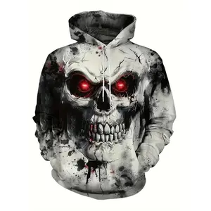 Men's Plus Size Skull 3D Graphic Hoodie - Full-Zip Casual Streetwear with Glowing Red Eyes & Black Ink Splatter Design, Machine Washable Regular Fit Pullover, Skull Hoodie, Everyday Comfort, Medium Stretch