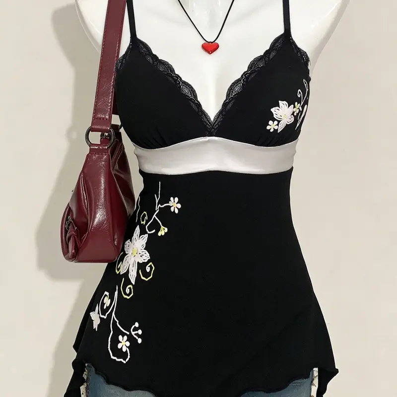 Vintage Floral Pattern Camisole, Y2K Style Contrast Lace Spaghetti Strap Top, Slim-Fit Sleeveless Top for Vacation, Summer Grunge Wear for Women, Cami Tops