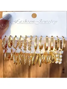 6Pcs Vintage French Gold Hoop Earrings Set Pearl Inlaid Geometric Studs for Women Daily Party Outfits Fashionable Jewelry Accessories