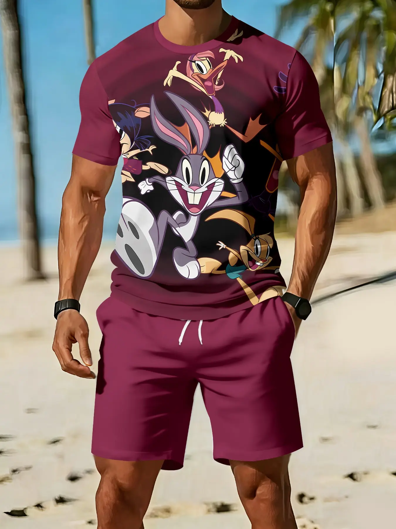 Men's 3D digital printed two-piece set, Match style set, in wine red with cartoon Festive design, 2Pcs, breathable sports casual style, an ideal festival gift for men