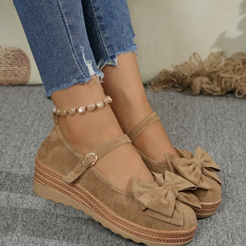 Women's Bow Decorated Chunky Heel, Fashionable Slip-On Mid-Heel Mary Jane Style Flats, Lightweight Non-Slip Thick Sole Sneakers
