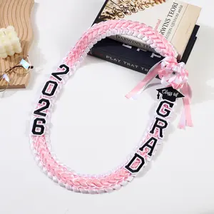 Class of 2026 Graduation Gift - Pink & White Braided Ribbon Lei for Graduates, Hand-Woven Graduation Necklace with 2026 GRAD Letters, Adjustable Graduation Lei for Men Women, Graduation Ceremony Essentials