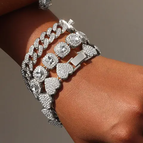 Women's Elegant Rhinestone Decorated Heart & Geometric Design Bracelet Set, Exquisite Trendy Chain Bracelet, Fashionable Jewelry for Women & Girls As Gift