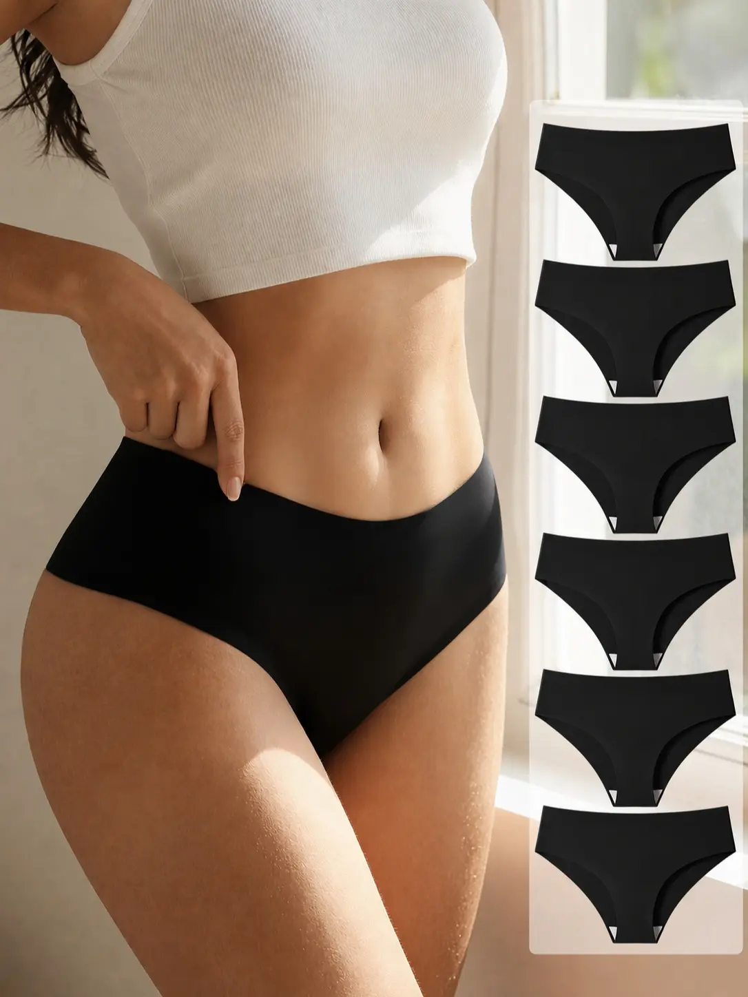HOTCOM Women's 6-Pack Seamless No-Show Bikini Panties - Soft Stretch Invisible Hipster Briefs, Cooling Everyday Underwear