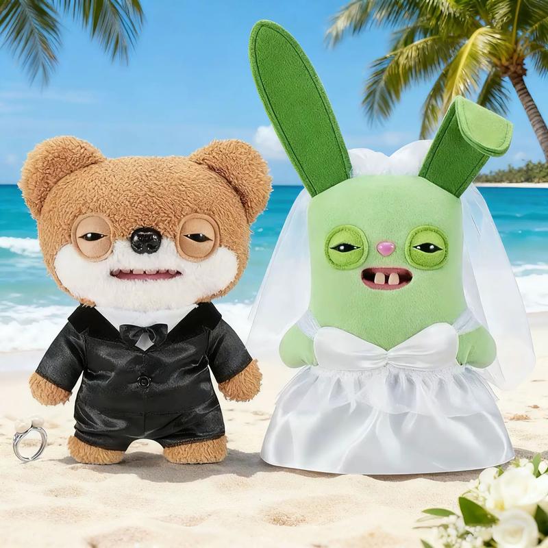 【Valentine's Day Limited Edition】Fuggler Wedding Day Plush Set - Adorable Bear Groom & Green Bunny Bride with Ring - Perfect for Weddings and Gifts