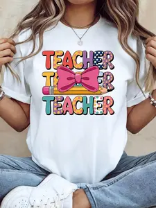 Colorful Teacher Bow & Pencil Print Women'S T-Shirt Teacher'S Day & Top, Lively & Cute Style Short Sleeve, Daily Street Vibe Tee, Casual Springsummer Wear