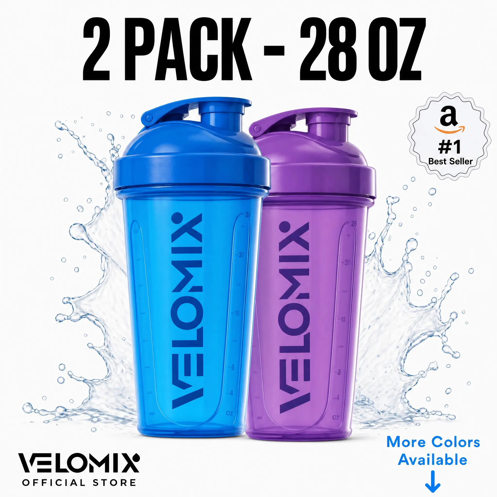 VELOMIX 2-Pack 28oz Classic Protein Shaker Bottles - BPA-Free, Leak-Proof Gym Accessories Water Bottles with Wire Whisk Ball for Gym Essentials (Multiple Colors), Leakproof Reusable Bottle, Protein Bottles Shakers