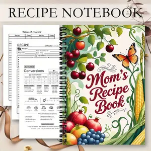 1Pc Recipe Spiral Notebook Diary - "Mom's Recipe Book" with vivid floral and fruit designs, the perfect gift for mom or dad, including step-by-step guides, kitchen recipes | decorative recipes | durable spiral binding, kitchen recipes, Paper Gifts