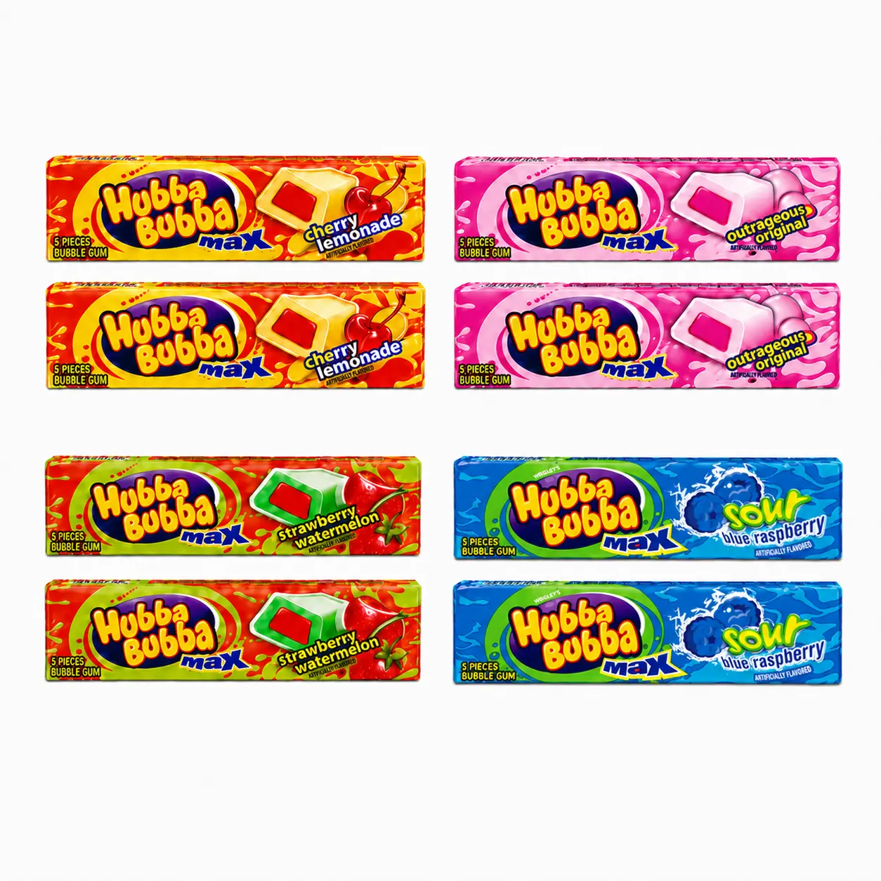 Hubba Bubba Max Soft Flavored Sugar-Based Bubble Gum Snack - 4-Flavor Variety Pack (8 Total Individual Packets, 2 Each) - Cherry Lemonade, Strawberry Watermelon, Sour Blue Raspberry, Outrageous Original Candy