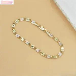 14K Gold Tri Tone Mariner Chain Bracelet, Floral Engraved Link Design, Polished Dainty Jewelry For Women, Everyday Wear Accessory summerwins