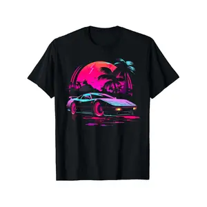 Retro 80s Synthwave Sports Car Graphic T-Shirt - Unisex, 100% Cotton, Vibrant Palm Tree & Neon Design, Casual Outdoor Tee for Men & Women, Sizes S-XXXL