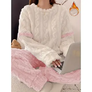 Winter Warmth, Cozy Fleece Pajama Set for Women - Soft Pink & White, Long Sleeve, Round Neck, Perfect for Casual Home Wear, Winter Pajamas