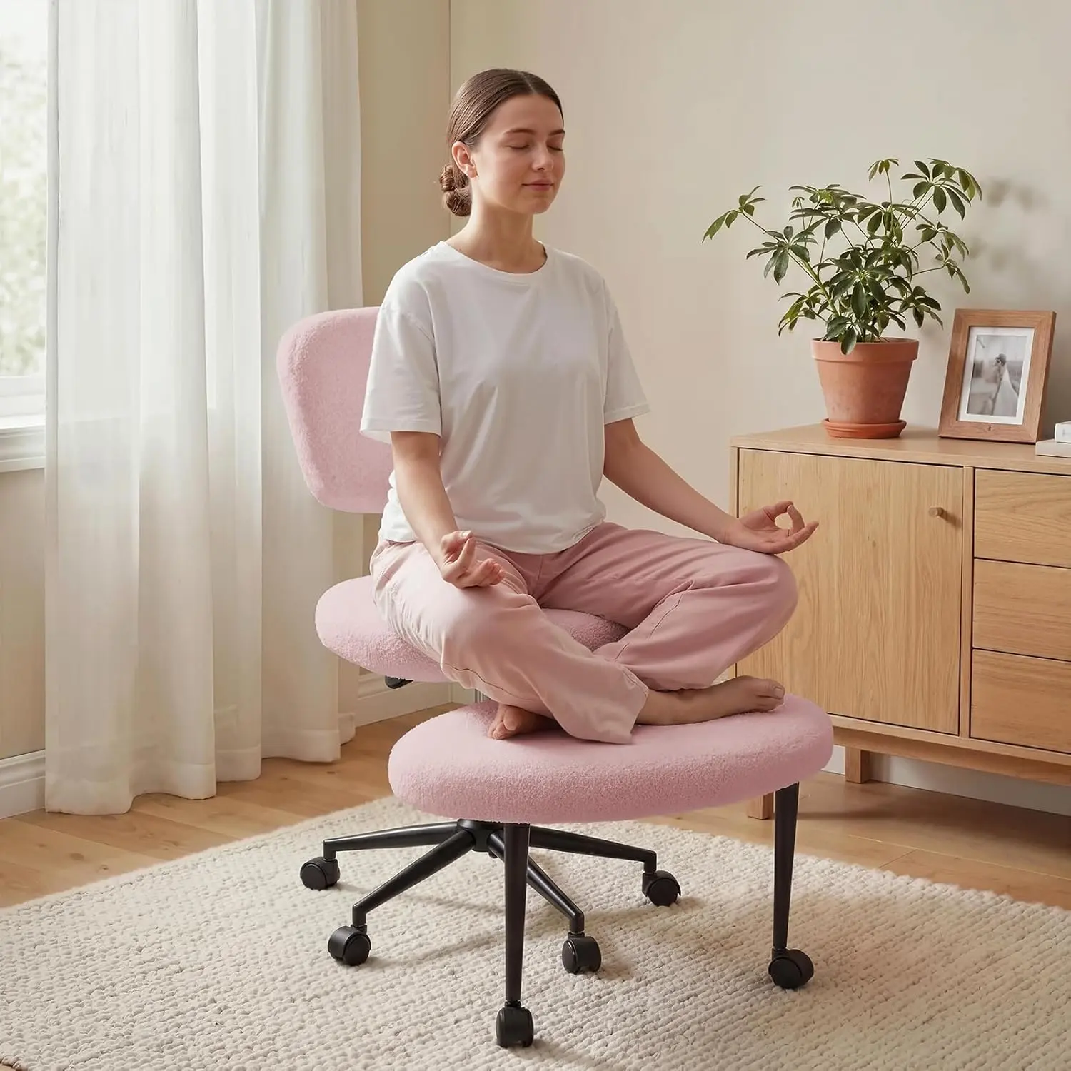 Cross-Legged ADHD Meditation Desk Chair for Home Office | Ergonomic Height Adjustable Backrest, 360° Swivel Footrest, Teddy Fabric Yoga Seat Stool