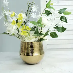 2-Pack Ceramic Flower Plant Pots 6" Round Textured Design Metallic Gold - Cylindrical Bell Shaped Indoor Planters