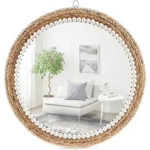 22 inch boho style decorative mirror round rattan wall hanging mirror nature rattan woven round mirror makeup dressing mirror suitable for dressing room living room bedroom farmhouse