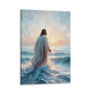 Jesus Walking on Water Canvas Wall Art - Pastel Sunrise Ocean Christian Home Decor - Calming Faith Based Painting Print for Bedroom "Peace in the Storm"