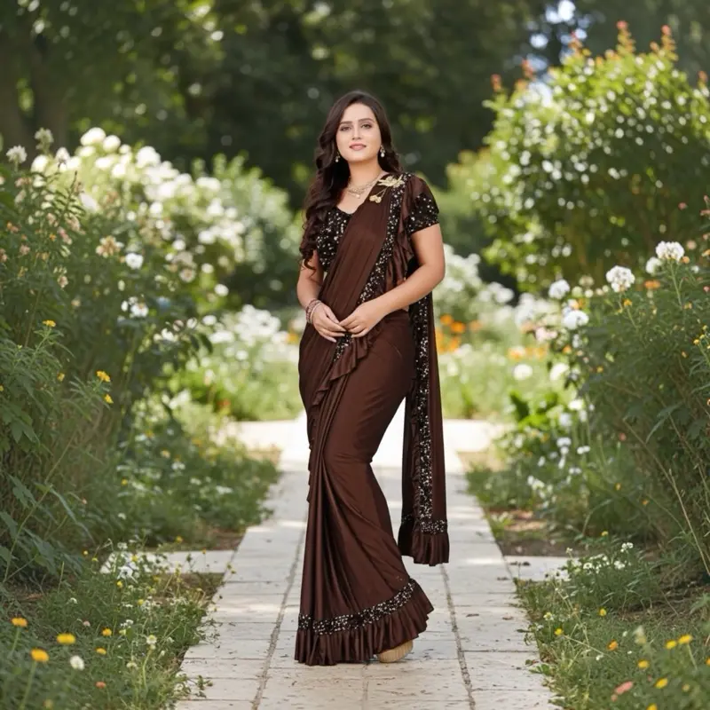 Women's Elegant Ready-to-Wear Chinon Silk Saree with Unstitched Blouse, Velvet Sequin Border, Women's Clothes