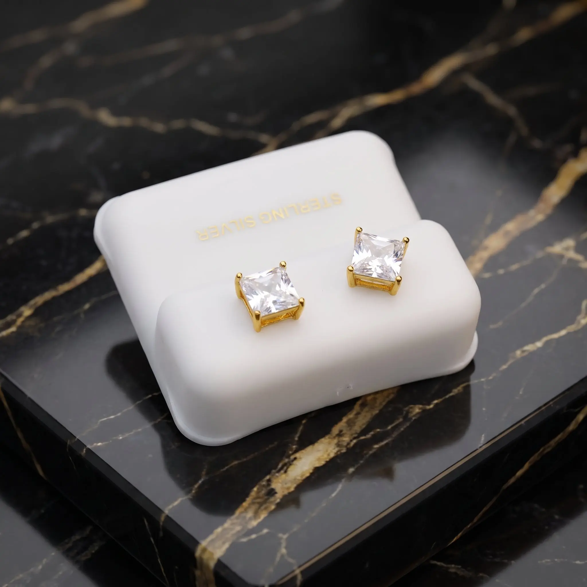 Clear Cz Earrings Square 14k Gold over 925 Sterling Silver