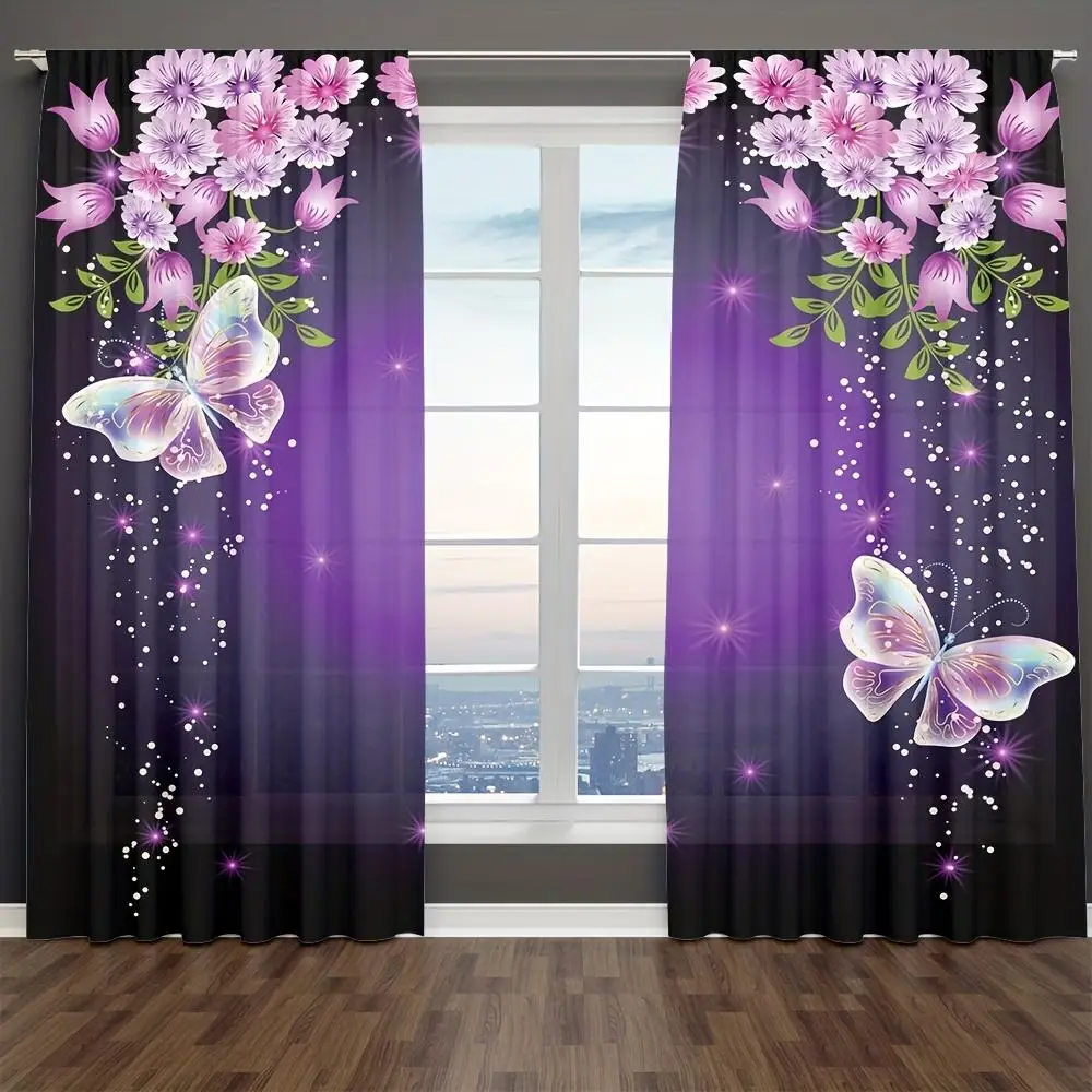 Beautiful Purple Mysterious Butterfly Printed Thin Semi Transparent Curtains, 2 Counts Easy To Install Rod Pockets Shading Curtains for Home Decor