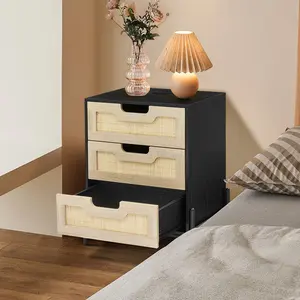 Boho Charm & Ample Storage - Rattan Coffee Table with 3 Drawers - Mid-Century Modern, Rustic Farmhouse, Easy Assembly, Compact Wooden Design - Ideal for Bedroom or Living Room