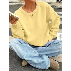 Elegant essential crewneck pullover, soft solid color loose fit, autumn and winter casual formal wear