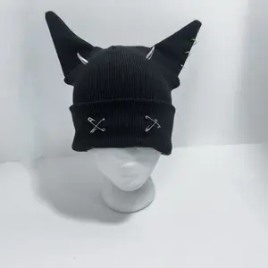 Bat Ears Beanie - Black Knitted Hat with Unique Bat Ear Design and Gold Accents Distinctive Appearance Accessory