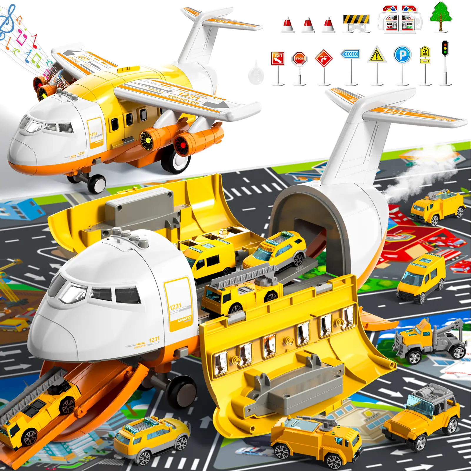 1 Set 360 Degree Rotating Flying Fun Airplane Toy, Anti-collision Aircraft Toy, Birthday Gift, Comes with 10 small cars, storage design available,Kids interactive educational toy, great gift for boys girls toddlers daily play,Cartoon Airplane Toy