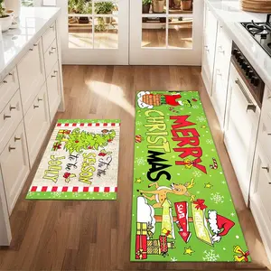 2pcs Christmas New Year Printed Kitchen Mats Set, Santa Claus Tree Rug, Farmhouse Kitchen Carpet, Restaurant Floor Decor Mat