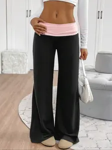 Women's Casual Wide Leg Pants with Contrast Lapel Collar, Perfect for Graduation & Back-To-School, Teacher Creative Design