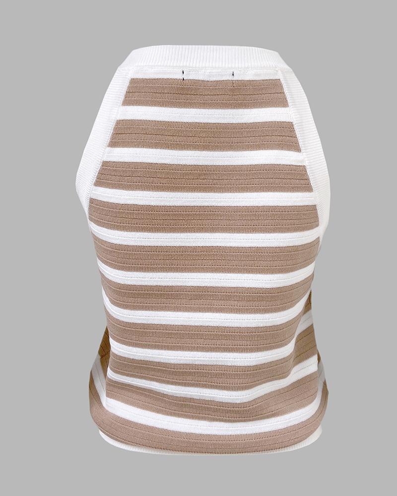 ChicMe Women's Striped Halter Golden Button Decor Tank Causal Sleeveless Breathable Knit Top