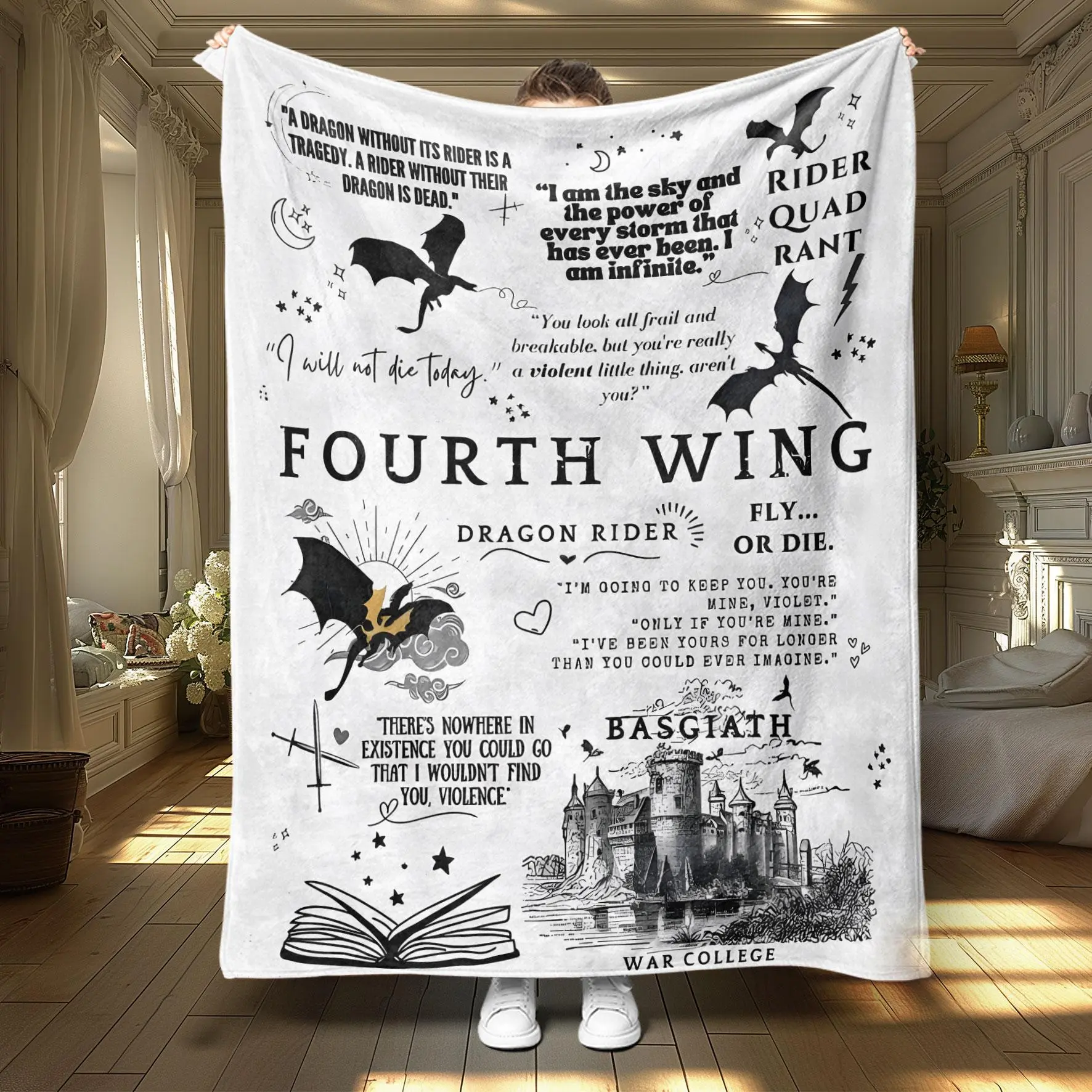 Fourth Wing Dragon Knight Fantasy Flannel Slogan Print Blanket, Large Size, Soft and Lightweight, Perfect for All Seasons, Ideal Gift for Family