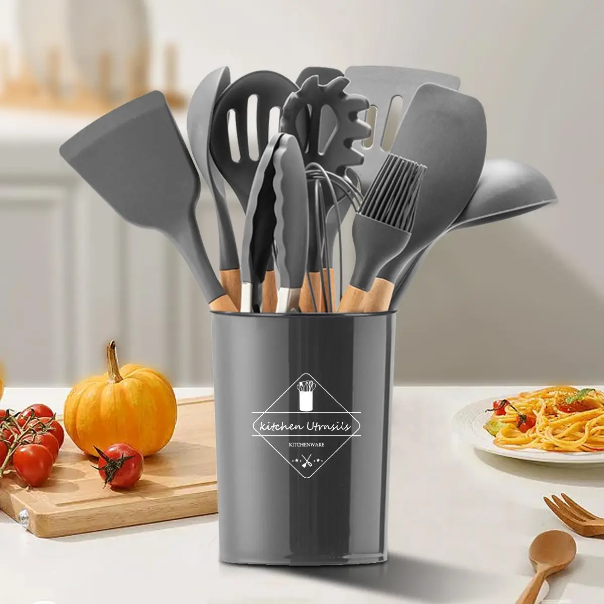 Kitchen Silicone Cooking Utensils Set, 12pcs Including Spoon, Spatula, Kitchen Tong, Whisk, Basting Brush, Storage Box, Kitchen Utensils, Cooking Supp