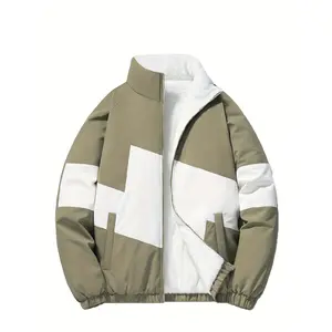 Men's New Thickened Cotton Jacket with Fleece Lining, Windproof, Color Block, Trendy Korean Style Stand Collar Cotton Coat, Trendy Puffer Jacket