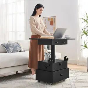 Bellemave High-Gloss Lacquered Adjustable Height Rolling End Table - Charging Station, Lockable Universal Wheels, Multi-Functional Lift Top, Storage Drawers for Living Room, Bedroom