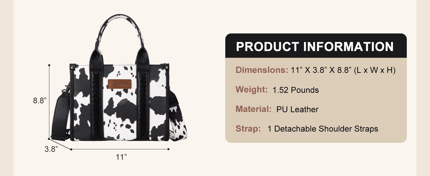 Wrangler Cow Print Tote Handbag for Women Top Handle with Detachable Crossbody Strap Everyday use Casual Tote Bag