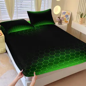 Green Black Gradient Honeycomb Tech Style Fitted Sheet Set & 2 Coreless Pillowcases, Fluorescent Green Hexagonal Mesh Mattress Protector, Soft Anti-Slip Wrinkle Resistant, Gaming Room Decor, Gift Choice