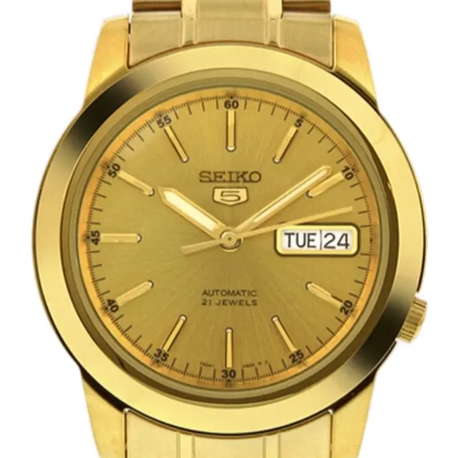Seiko 5 Automatic Champagne Dial Yellow Gold-tone Men's Watch with 21 Jewels and Day Date Feature
