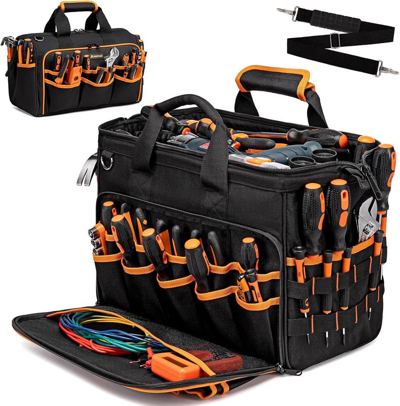 17-Inch Electrician Tool Bags for Men, 46-Pocket Heavy Duty Tool Bag, Foldable Hvac Tool Bag Organizer with Wide Mouth & Adjustable  Strap for Electricians Mechanics Craftsman Contractor