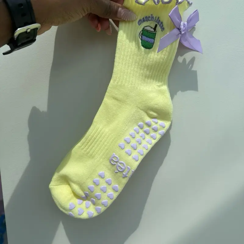 Pilates Grip Socks, Matcha Latte Themed Non-Slip Socks for Pilates Workouts