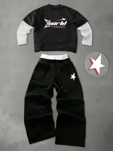 Men's long-sleeved T-shirt set, featuring a star and letter graphic print design. Includes one printed long-sleeved T-shirt and one pair of trousers, suitable for Casual everyday wear, vacations, and outdoor activities.