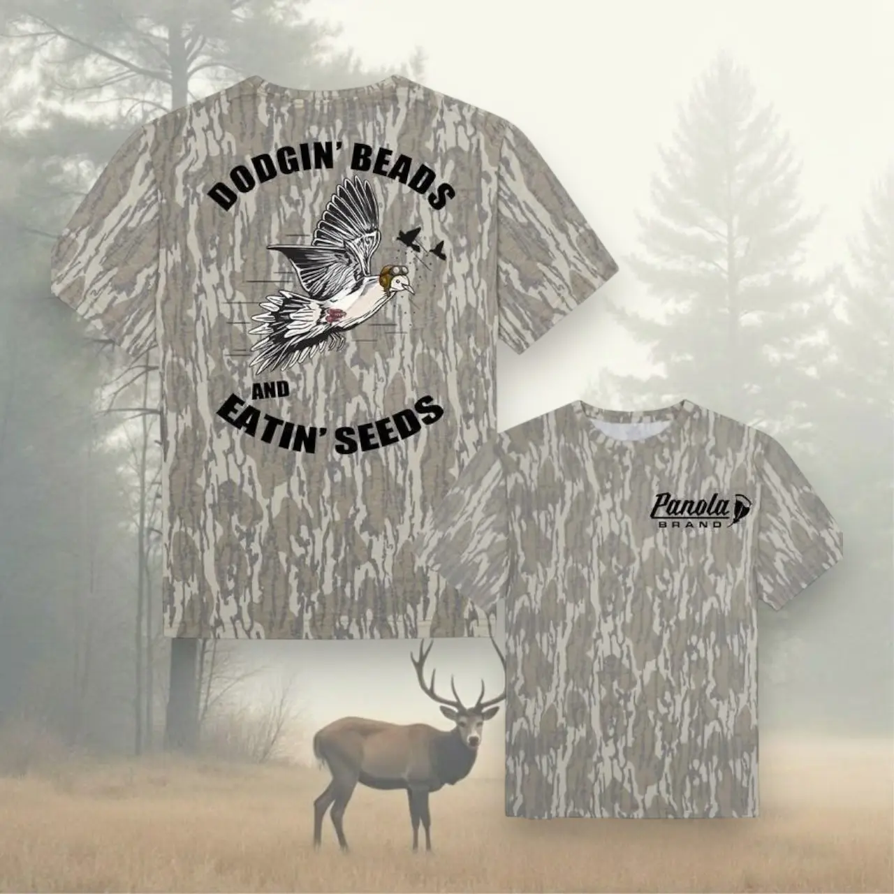 Dodgin Beads And Eatin' Seeds Mossy Oak Bottomland Camo T-Shirt, Dove Hunting Graphic Tee, Front & Back Print, Short Sleeve Camouflage Shirt, Outdoor Hunting Apparel