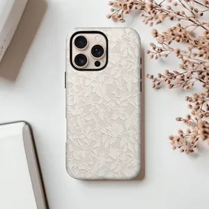 This durable, shock-absorbing, glossy two-in-one phone case features a white lace pattern and is compatible with iPhone 17, 16 pro , 15, 14, 13, 12, 11, X, and Samsung models. It makes a great holiday gift for friends or family.