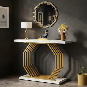 39.37 Inch Modern Console Table, White Faux Marble Tabletop with Gold Octagon Metal Base, 220lbs Load Capacity Narrow Accent Table with Adjustable Feet, Multipurpose Furniture for Entryway Hallway Living Room