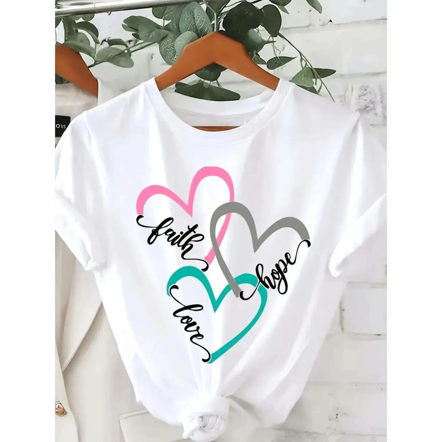 Women's Plus Size Round Neck Short-Sleeve Graphic T-Shirt - Faith Love Hope Inspirational, Oversized Relaxed Fit, Casual Streetwear Top
