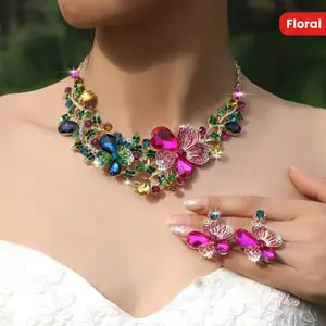 [Luxurious Gemstone Jewelry Set] 2pcs Elegant Jewelry Set - Vibrant Gemstone Floral Necklace & Earrings with Luxurious High-Gloss Synthetic Diamonds, Perfect for Weddings, Parties & Eid al-Fitr Gifts