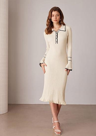 GRACE KARIN Women's Long Sleeve Sweater Dress ElegantSlim Fit V Neck Bodycon Pencil Knit Dress